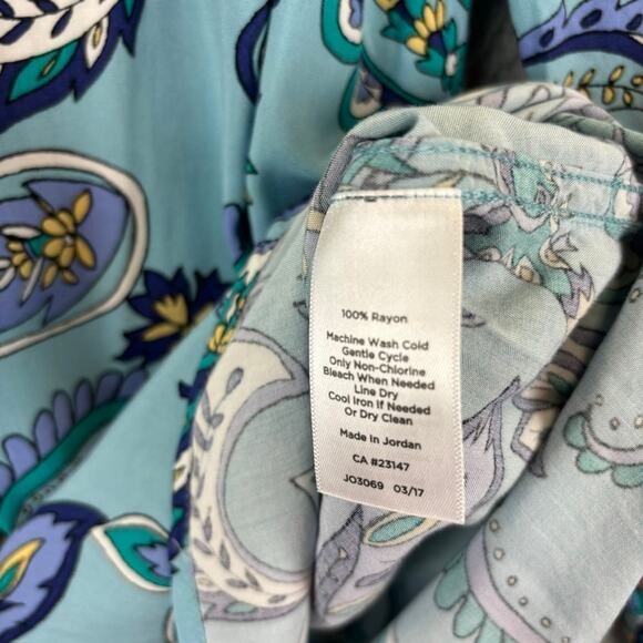 Talbots Blouse XL Blue Paisley Boho Preppy Floral Whimsical Colorful Roll Tab - Picture 6 of 10